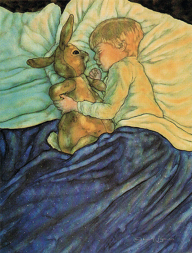 Boy sleeping with his velveteen rabbit. Illustration by Michael Hague.