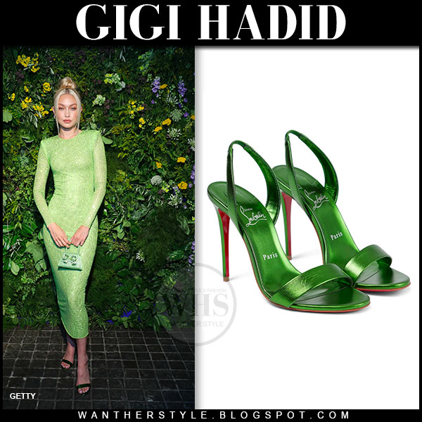 Gigi Hadid in green midi dress and green sandals