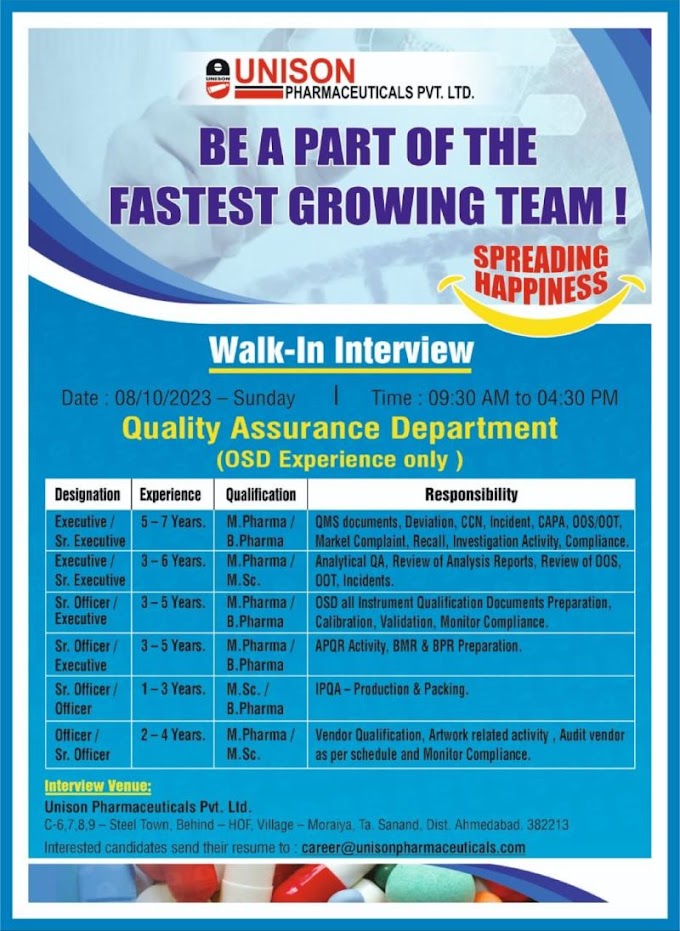 Unison Pharmaceuticals Walk In Interview For Quality Assurance - Multiple Opening