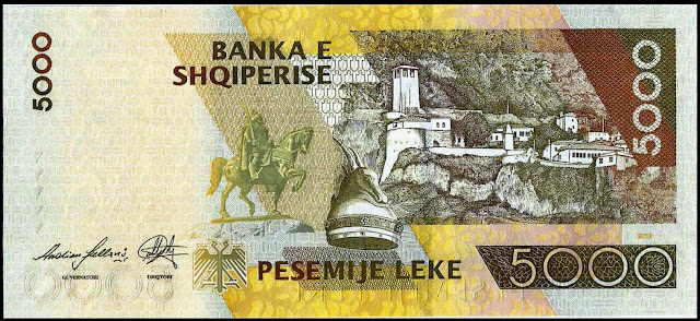 Albania money currency 5000 Leke banknote 2012 Kruja Castle and equestrian statue of Skanderbeg in Tirana