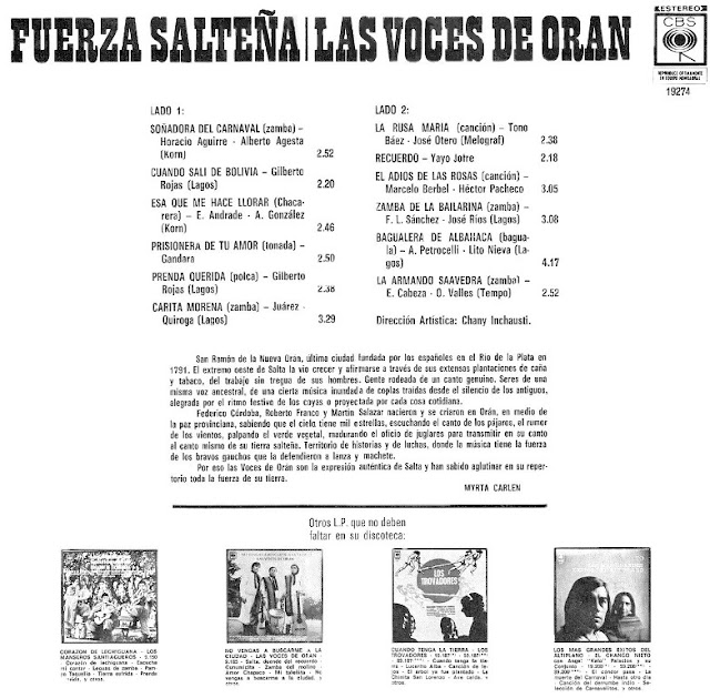 Folklore del NOA: LAS VOCES DE ORÁN - FUERZA SALTEÑA - CBS 