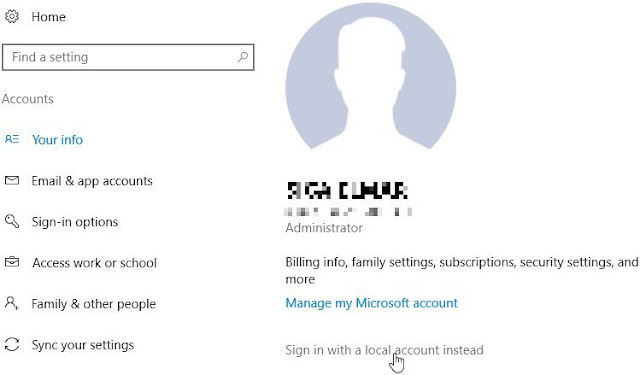 Windows 10, Paramètres, Comptes. Pour passer votre compte Microsoft au compte local, cliquez sur "Connectez-vous avec un compte local".