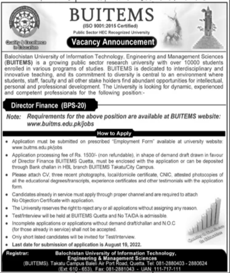 Latest Balochistan University of IT Engineering & Management Sciences Education Posts Quetta 2022