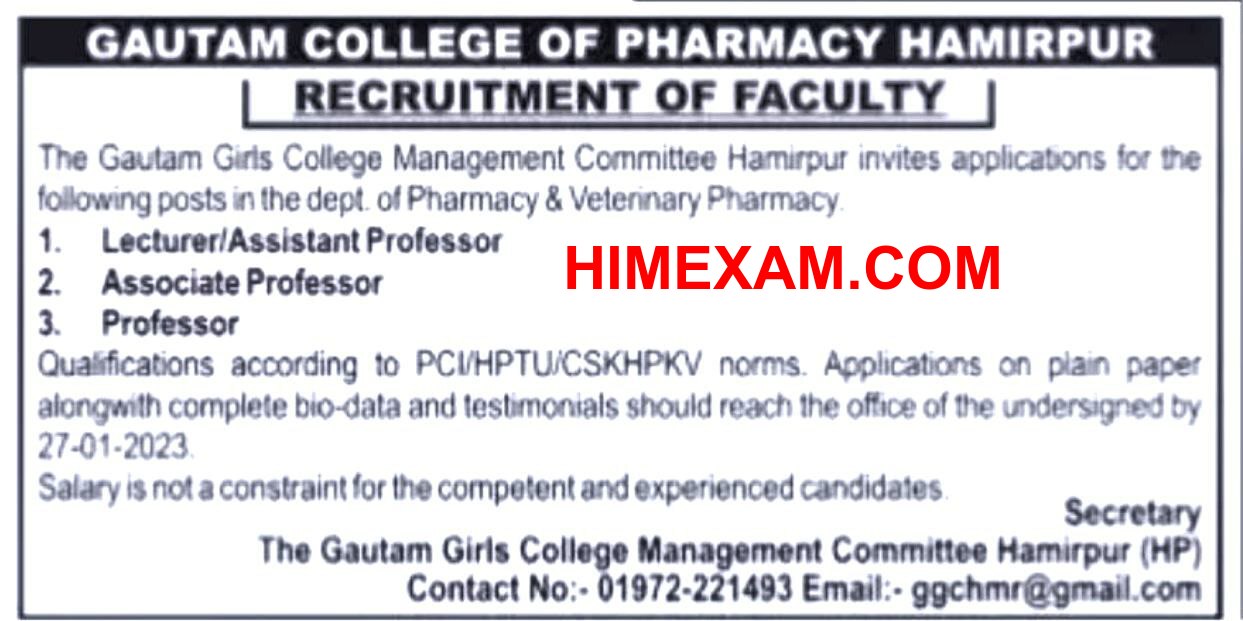 Gautam Girls College Hamirpur Teaching Staff Recruitment 2023