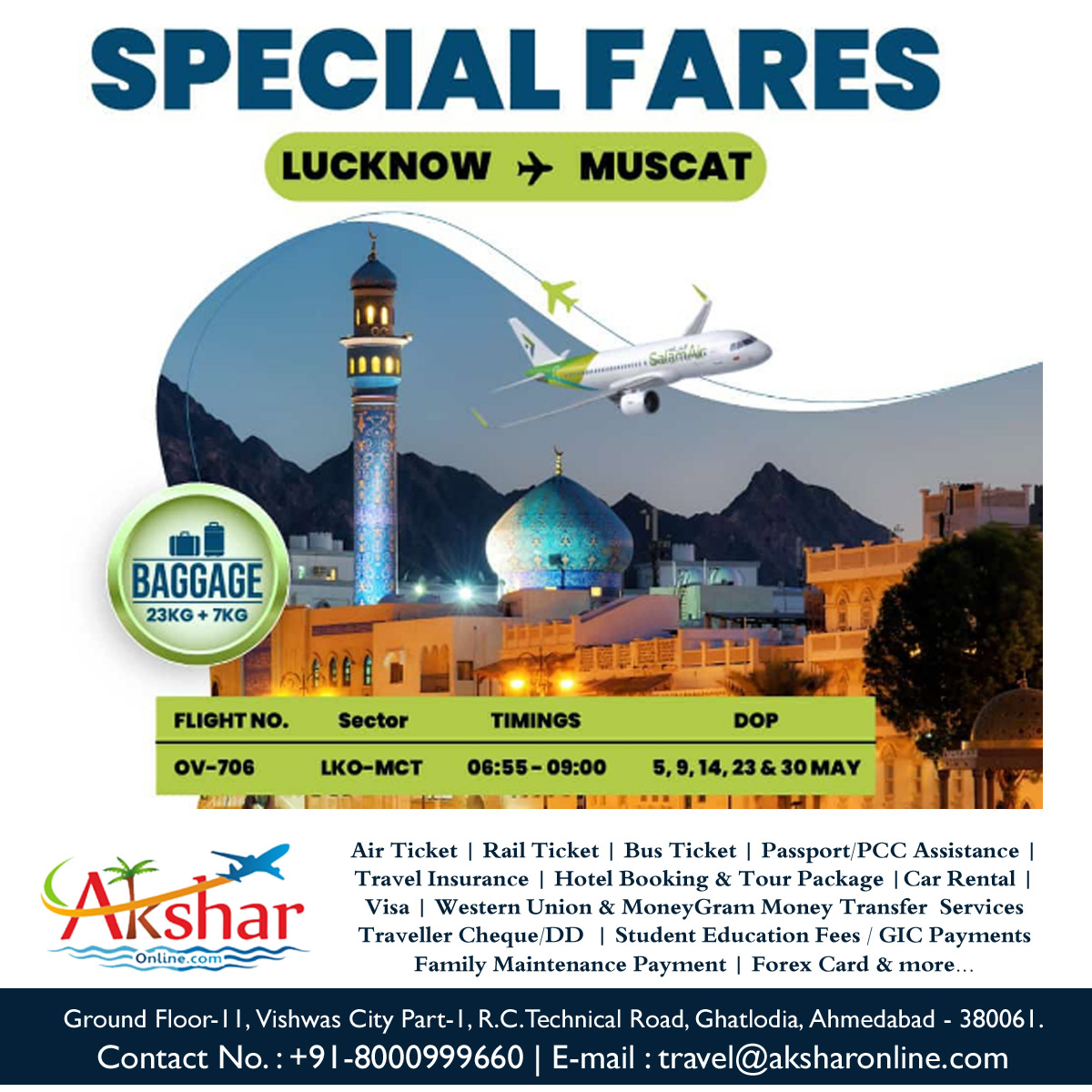 Fly Hassle-Free with Salam Airline!  Looking for affordable airfare from Lucknow to Muscat? Look no further!  Special Offer: Experience seamless travel with Salam Airline's special airfare from Lucknow to Muscat.  For Best Rates: Contact us on WhatsApp/Call: +91-8000999660  Don't miss out on this incredible deal! Book your tickets now and embark on your next adventure with Salam Airline.