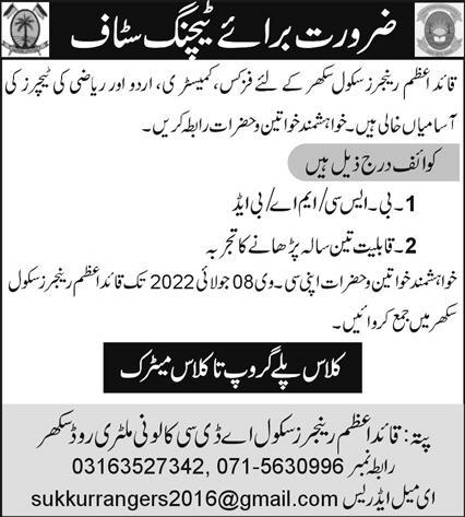 Latest Quaid e Azam Rangers School Education Posts Sukkur 2022