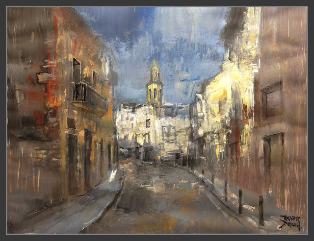 CALAF-PINTURA-CARRER SANT JAUME-CAMPANAR-ESGLESIA-CASES-PAISATGES-POBLES-ANOIA-PINTOR-ERNEST DESCALS