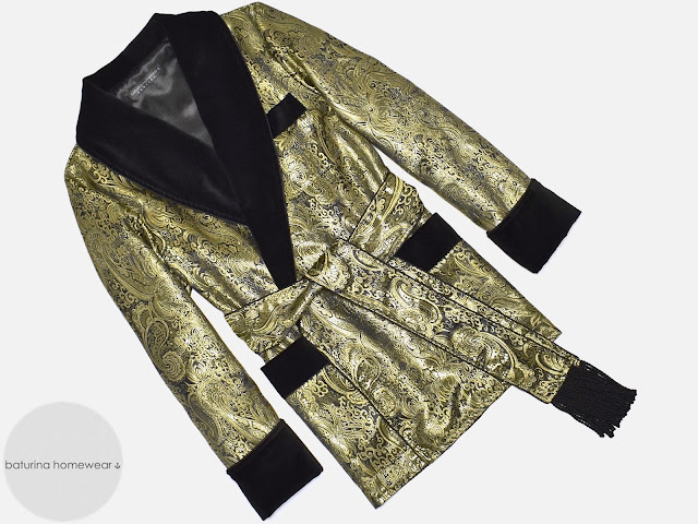 mens gold brocade silk dressing gown paisley black velvet smoking jacket robe luxury