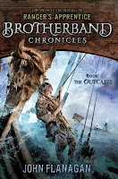 cover of The Outcasts by John Flanagan book one in the Brotherband Chronicles shows a viking hanging onto a ships' rope