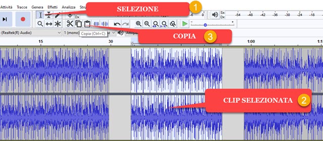 selezionare e copiare una clip con audacity