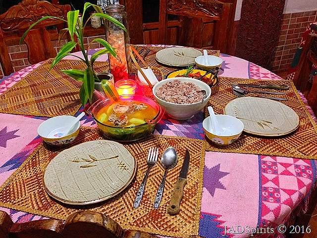Our organic dinner: mountain rice, chicken tinola with sayote, rosemary pork with bay carrots