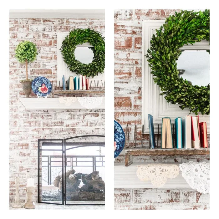 patriotic mantel with books, dishes and greenery