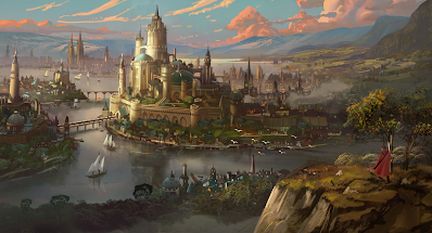 A reference image of a sprawling river city. Art by Tyler Adlin.