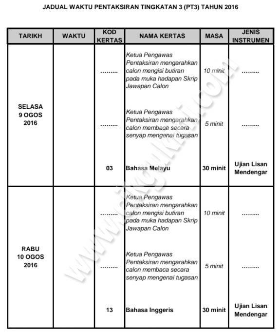 Jadual Waktu PT3 2016 ~ Cikgu Kini