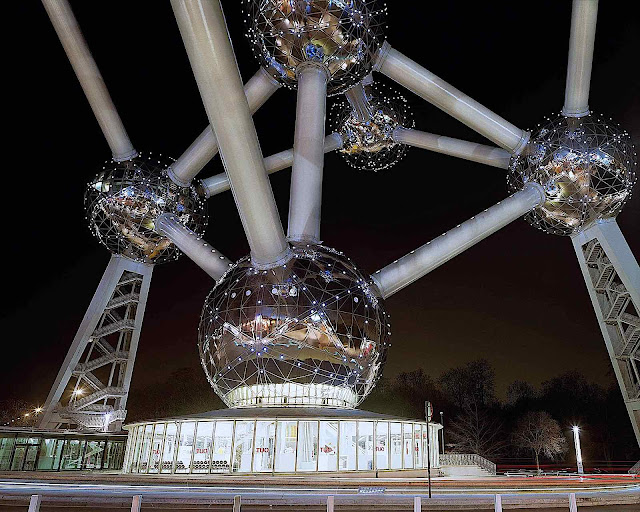 a partial view of the Brussels Atomium,  constructed for the 1958 World's Fair in Belgium