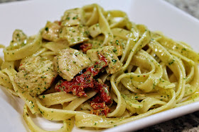 Fettuccine with Chicken, Sundried Tomatoes and Pesto Cream Sauce