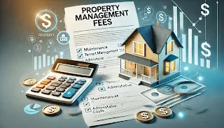 A professional image featuring a house, a calculator, a document labeled 'Property Management Fees,' and icons representing maintenance, tenant management, and administrative costs. The background has blue and gold tones, symbolizing professionalism and transparency in real estate management.