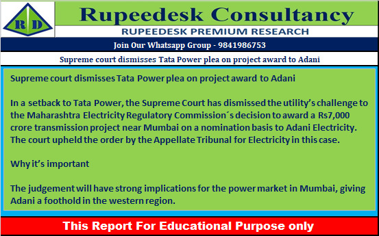 Supreme court dismisses Tata Power plea on project award to Adani - Rupeedesk Reports - 24.11.2022