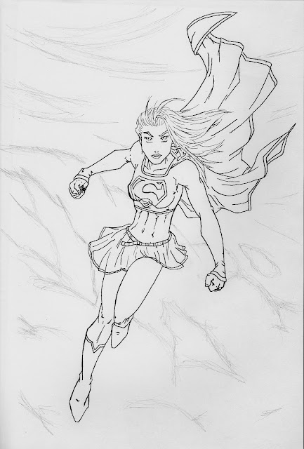 Dessin crayonné et encré de Super Girl la cousine de Superman.