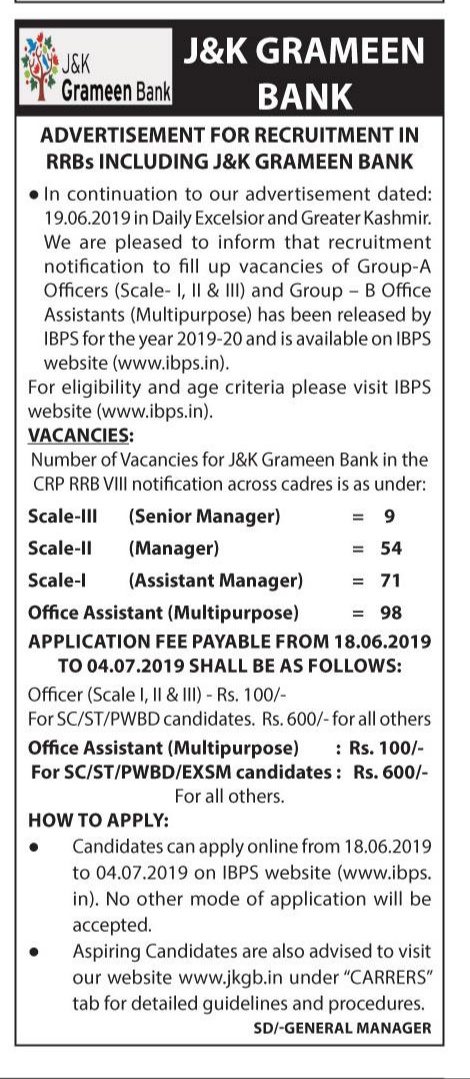 J&K Grameen bank announces vacancies in various aspects interested candidates can apply