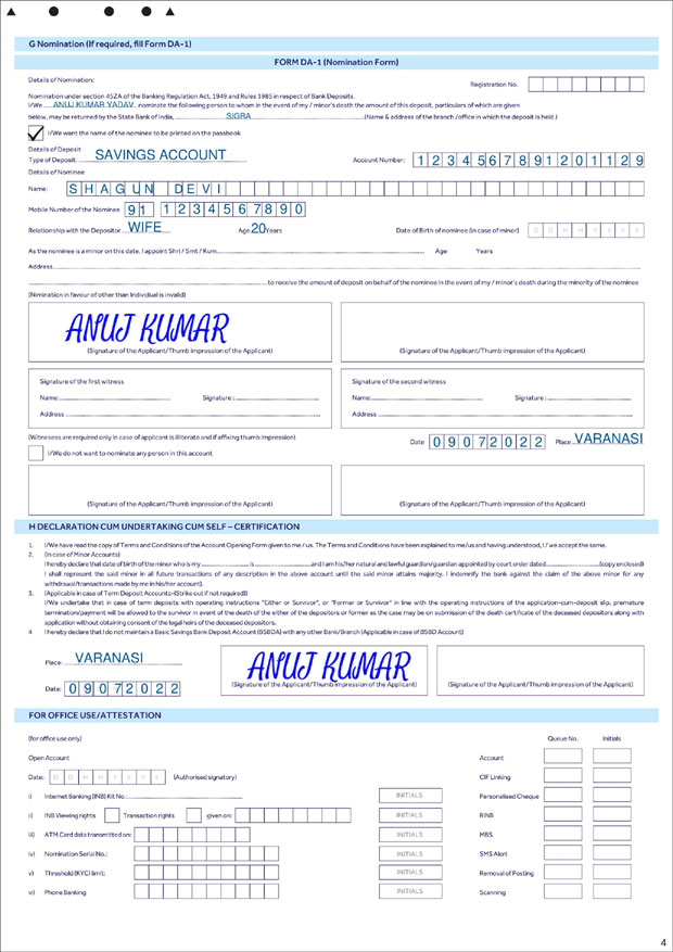 SBI account opening form sample 4