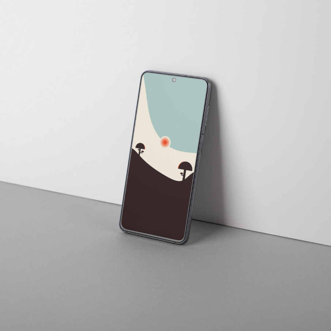 mockup with a phone with the minimalistic landscape illustration. The illustration is only two tree and the sun reflect color in the surface in flat colors. It's a cool image to use as wallpaper.