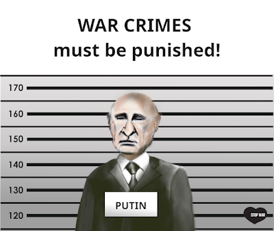Caricature of Putin in a police line with the caption: War crimes must be punished!