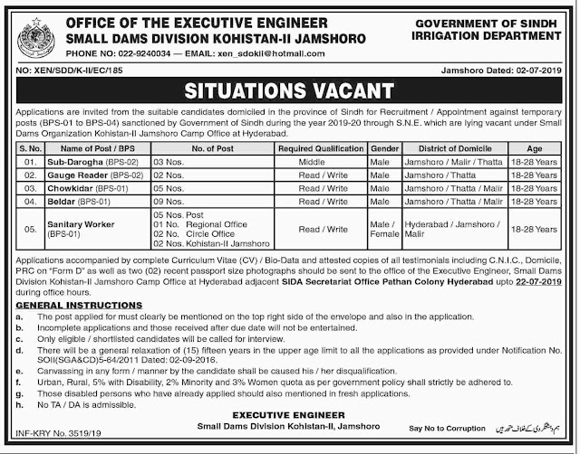 Jobs In Office Of The Executive Engineer Small Dams Division Kohistan 05 July 2019