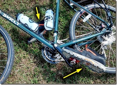 Shoes on bicycle pedals