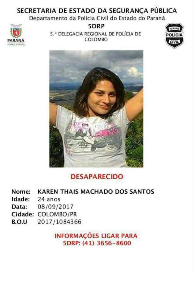 MULHER DESAPARECIDA EM COLOMBO PODE SER A MESMA ENCONTRADA MORTA EM RIO BRANCO DO SUL