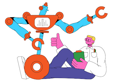 Illustration of guy interacting with robot gears