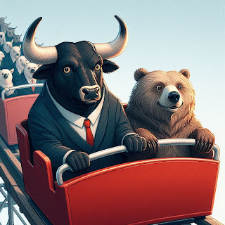 A bull and a bear riding a roller coaster together, not smiling. Generated with Microsoft Copilot Designer.