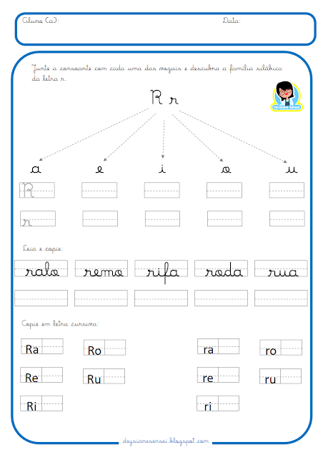 ra re ri ro ru para imprimir  Desperte o interesse das crianças pela escrita cursiva com nossas atividades atualizadas sobre a família silábica em letra cursiva. Essas tarefinhas para imprimir oferecem uma abordagem divertida e prática para ajudar as crianças a dominarem as letras do alfabeto.  Explore o universo da escrita cursiva com nossas atividades atualizadas sobre a família silábica de B a Z. Imprima estas tarefinhas e proporcione às crianças uma oportunidade valiosa de praticar a escrita cursiva enquanto aprendem sobre as letras do alfabeto.