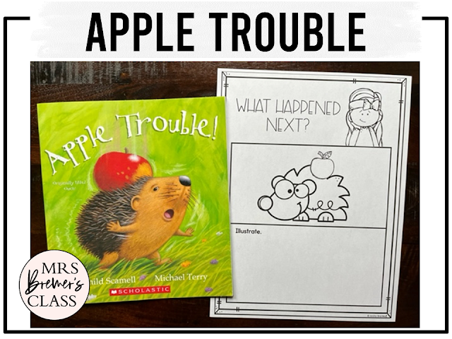 Apple Trouble book activities unit with reading companion worksheets, literacy printables, lesson ideas, and a craft for fall in Kindergarten and First Grade