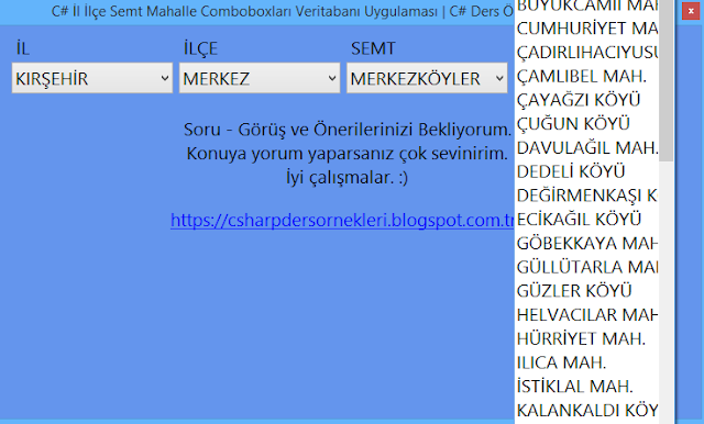 C# combobox ile il ilçe seçimlerinizi yapabilir mysql veritabanını .SQL dosyasını indirebilirsiniz.