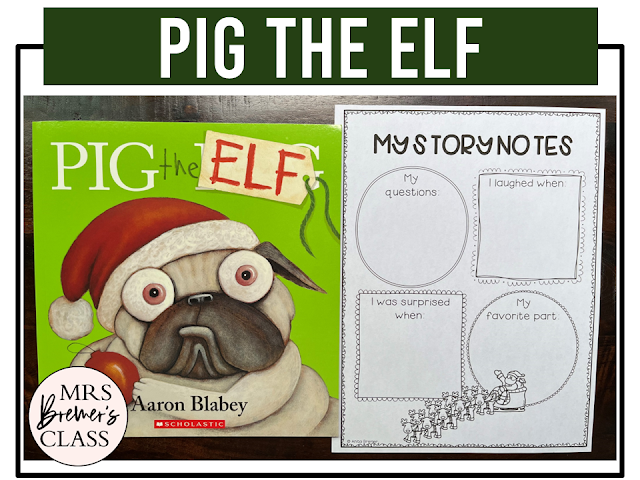 Pig the Elf book study activities unit with literacy printables, reading companion activities, and lesson ideas for Christmas in Kindergarten and First Grade