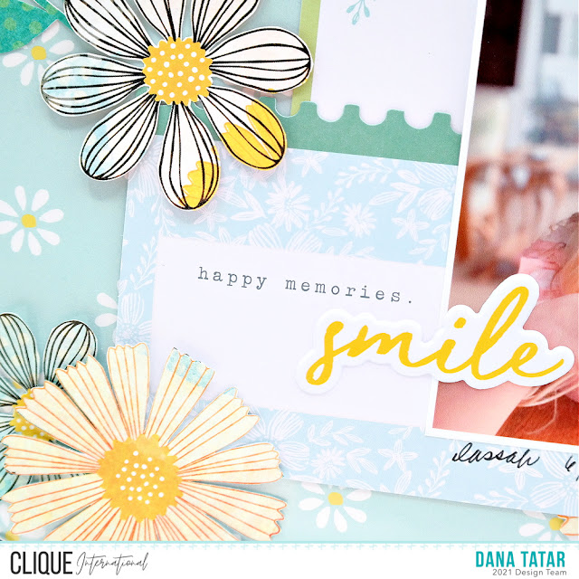 Cool Green and Blue Daisy Print Scrapbook Layout with Bright Yellow Embellishments