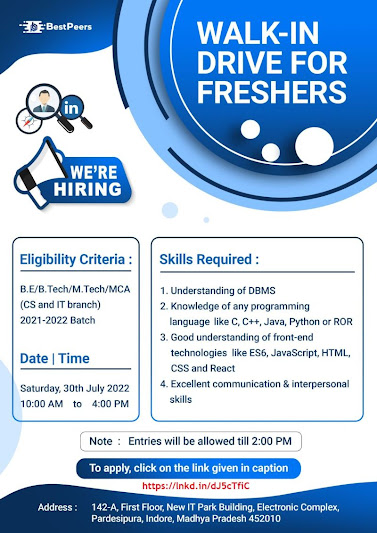 Walk in Interview for Freshers ,BE,BTech 