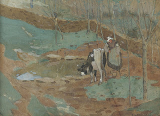 Frederick Carl Frieseke Woman and cow in a landscape