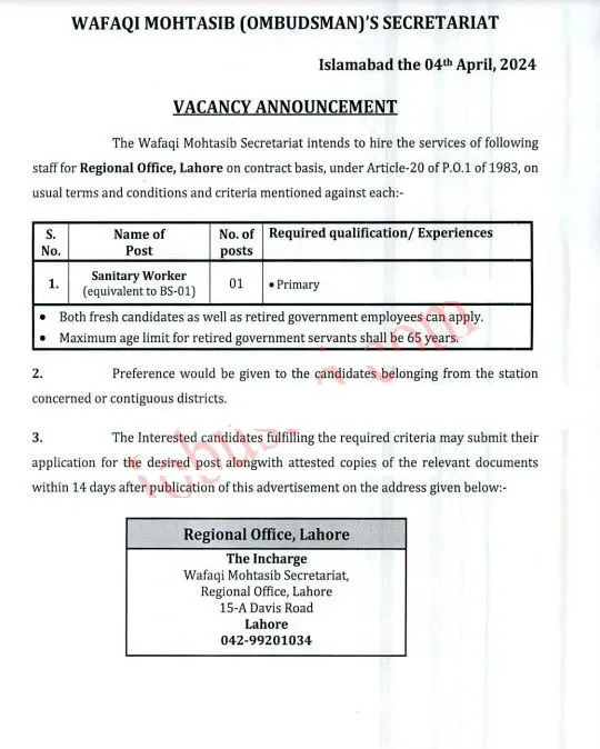 Wafaqi Mohtasib Lahore Jobs 2024