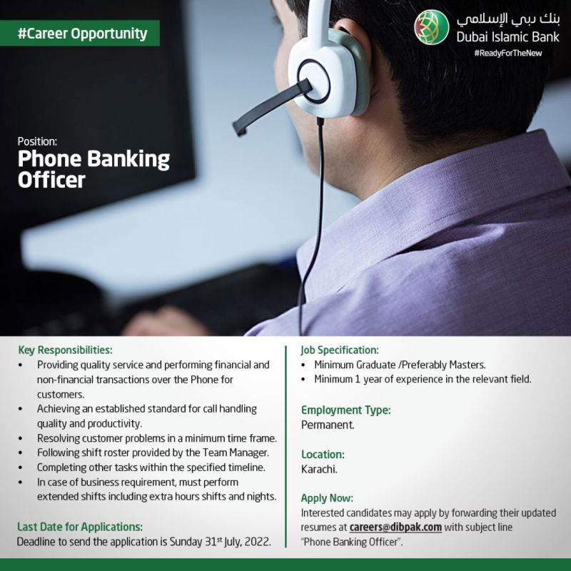 Dubai Islamic Bank Pakistan Limited (DIBPL) Announced Jobs for Phone Banking Officer