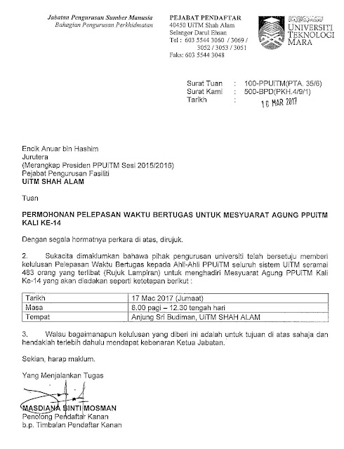 Surat Pelepasan Waktu Bertugas - Mesyuarat Agung Dwi Surat Pelepasan Waktu Bertugas - Mesyuarat Agung Dwi
