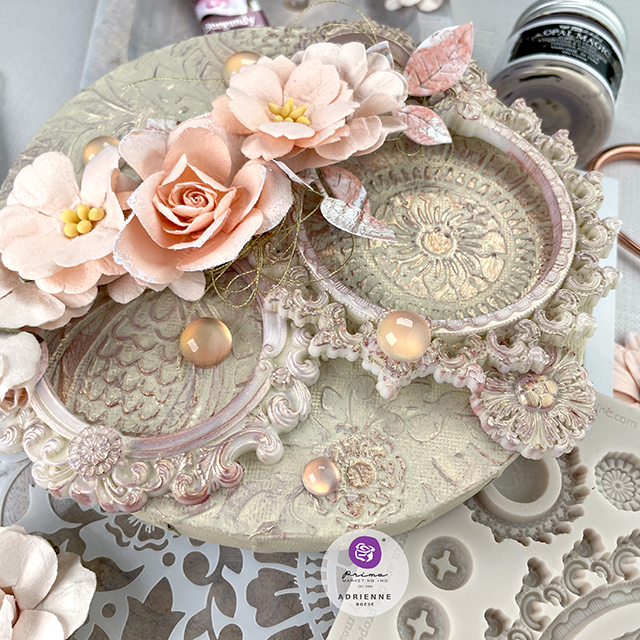 Mixed media canvas created with: Prima Marketing Finnabair mirror frames moulds, folk florals stencil,  opal magic violet-gold, impasto paint linens, metallique wax burgundy, art pebbles vintage, miel flowers dulzura and solecito, farm sweet farm porcelain flowers