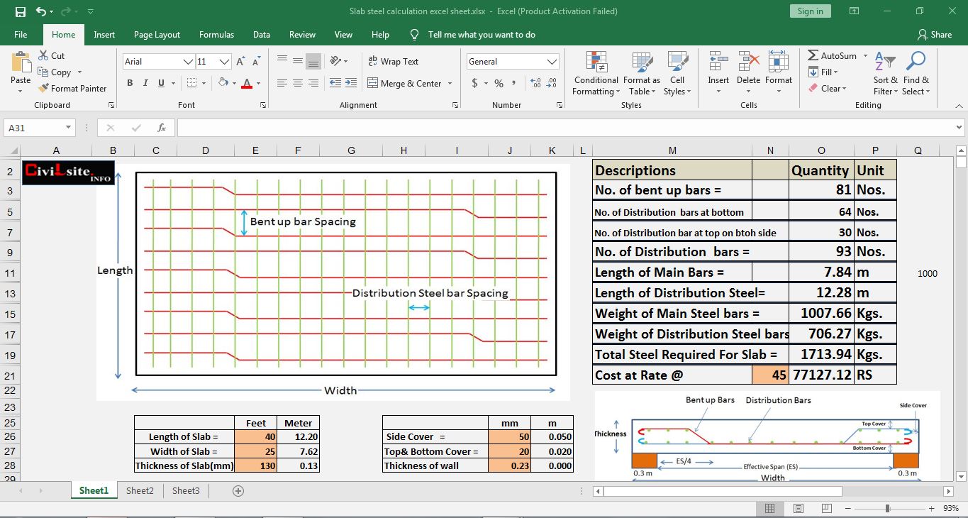 Calculate Quantity of slab Reinforcement Excel Sheet Free Download