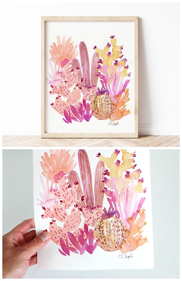 Pink Watercolor Cactus Painting by Elise Engh