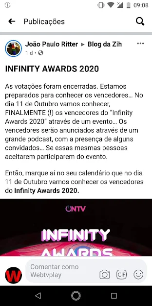 Print do comunicado sobre Infinity Awards 2020