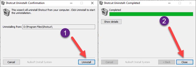 disinstallazione di shotcut