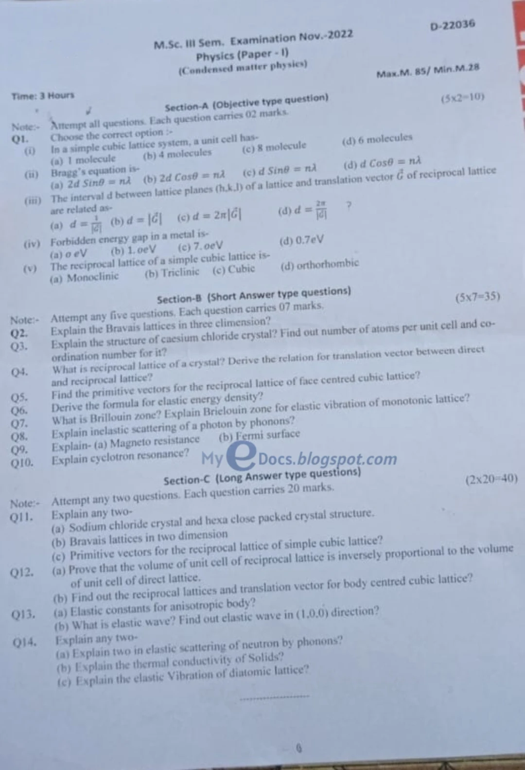 Msc Physics Condensed Matter Physics  Previous year Question Paper 2024