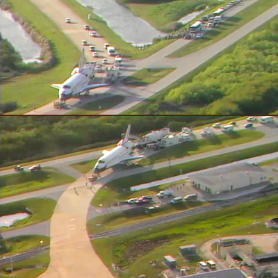 Shuttle Discovery driven to the hangars of KSC. NASA, 2011.