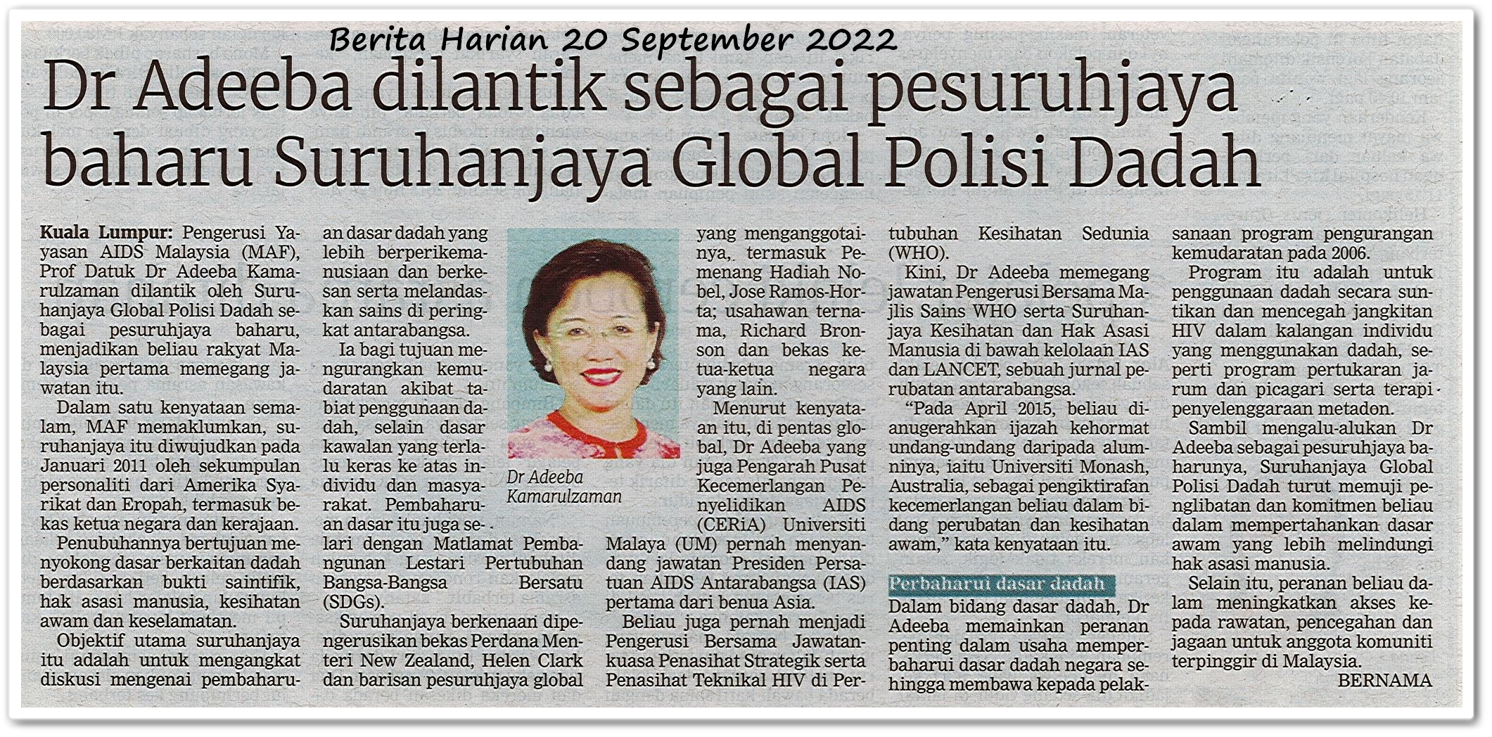 Dr Adeeba dilantik sebagai pesuruhjaya baharu Suruhanjaya Global Polisi Dadah - Keratan akhbar Berita Harian 20 September 2022